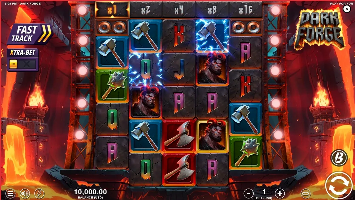 Tampilan visual slot Dark Forge dengan tema bengkel pandai besi iblis yang gelap dan penuh api.