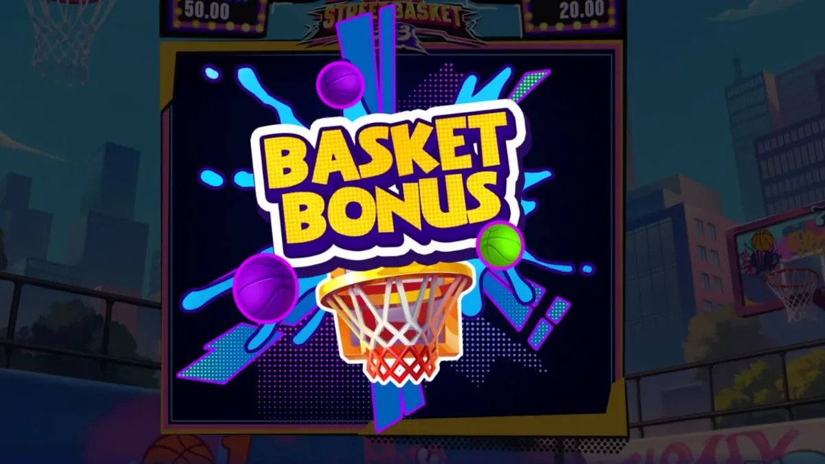 Tampilan visual game slot Street Basket 3x3 dengan latar belakang lapangan basket jalanan