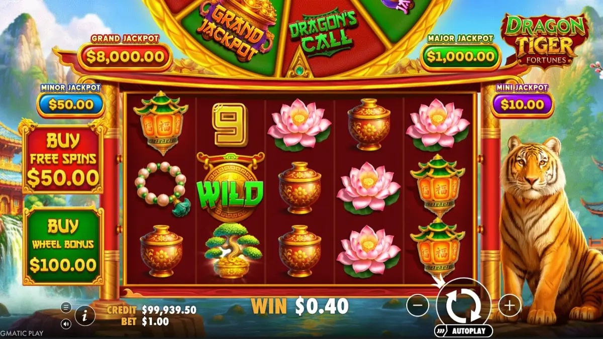 Tampilan visual slot Dragon Tiger Fortunes dengan elemen naga dan harimau yang megah