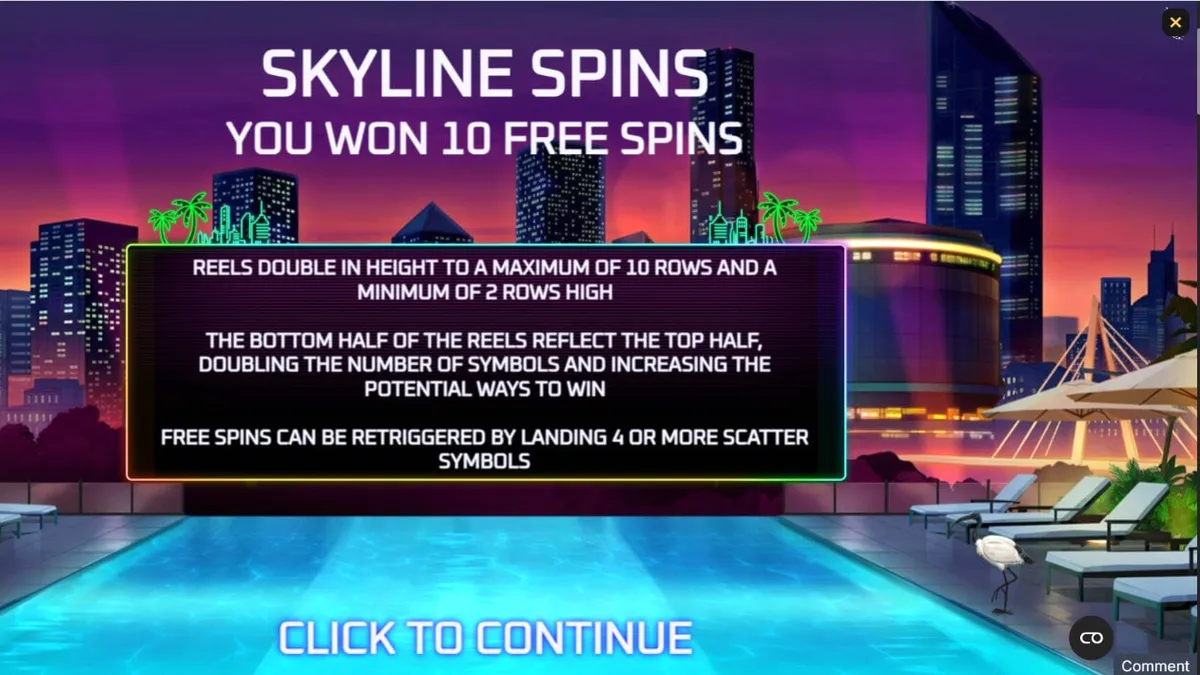 Tampilan visual neon dan mewah dari slot Midnight Mirage dengan latar belakang pemandangan kota malam hari.