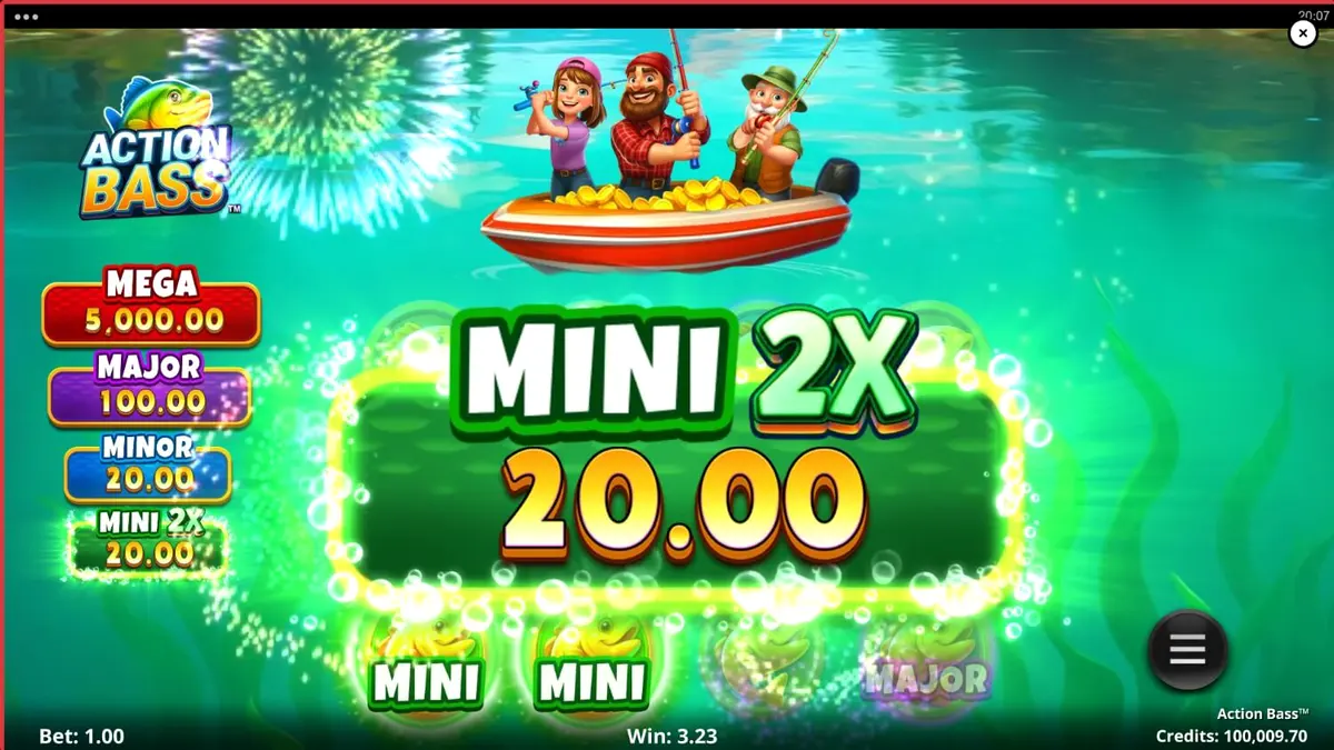 Tampilan antarmuka slot Action Bass di layar ponsel pintar dengan latar belakang pemandangan danau yang tenang.